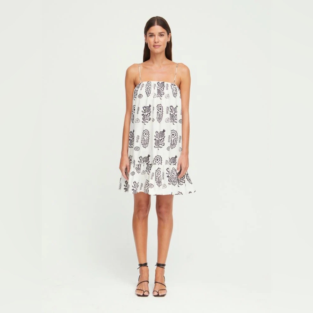 RHODE Margo Mini Dress in Ivory with Black Floral Design